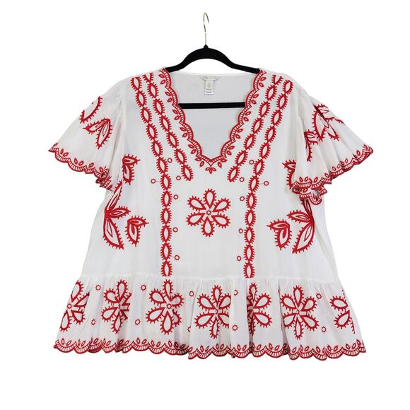 Cato Womens Embroidered Lace Blouse Size XL Red White Peplum Flutter Sleeves - Picture 1 of 10
